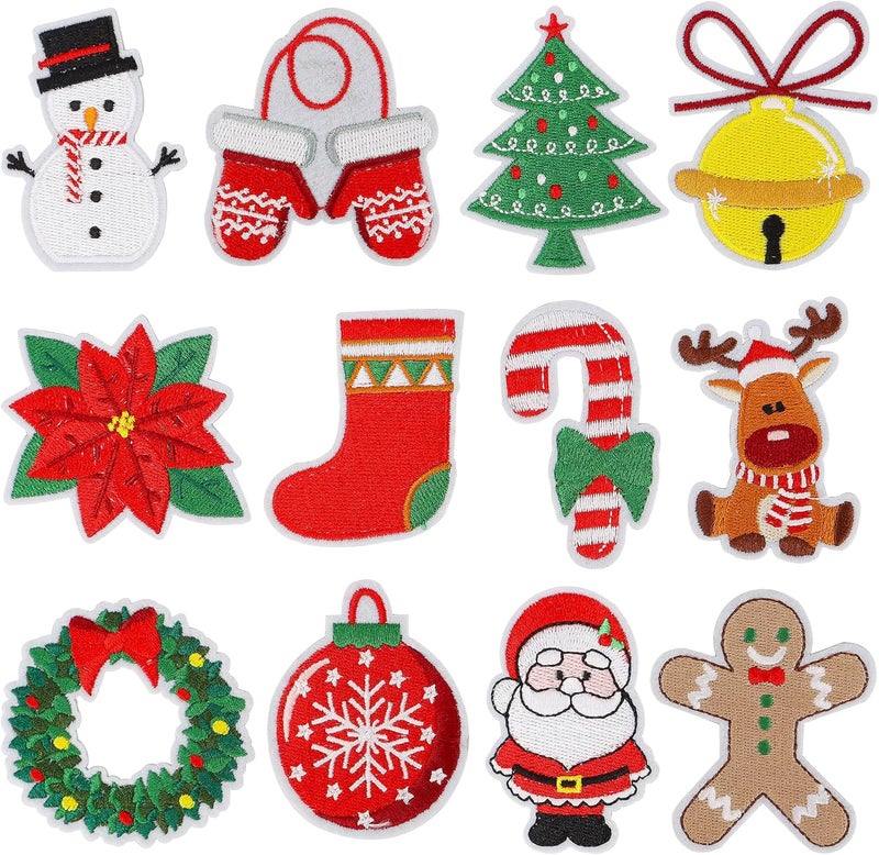 mortd 12 Pieces Christmas Iron On Patches, Christmas Tree Santa Claus Snowman Embroidered Patches, Christmas Patches Sew on Iron on Embroidered for Xmas DIY Craft Clothing Bags Decor Party Supplies - Image 1